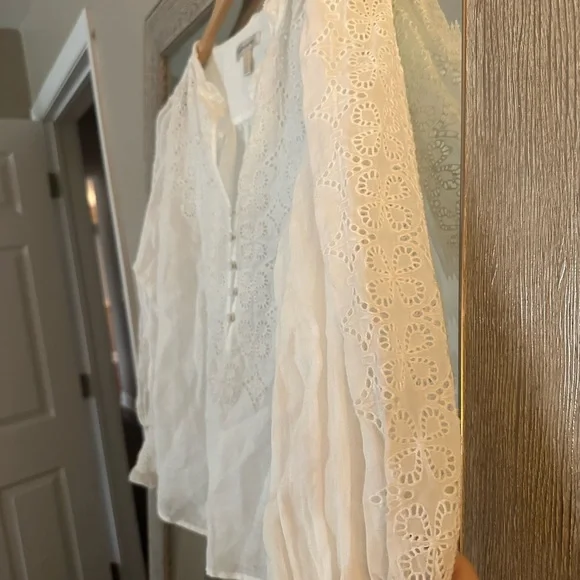 Banana Republic 100% Ramie White Long Sleeve Eyelet Peasant Blouse Size Small P - Picture 2 of 4